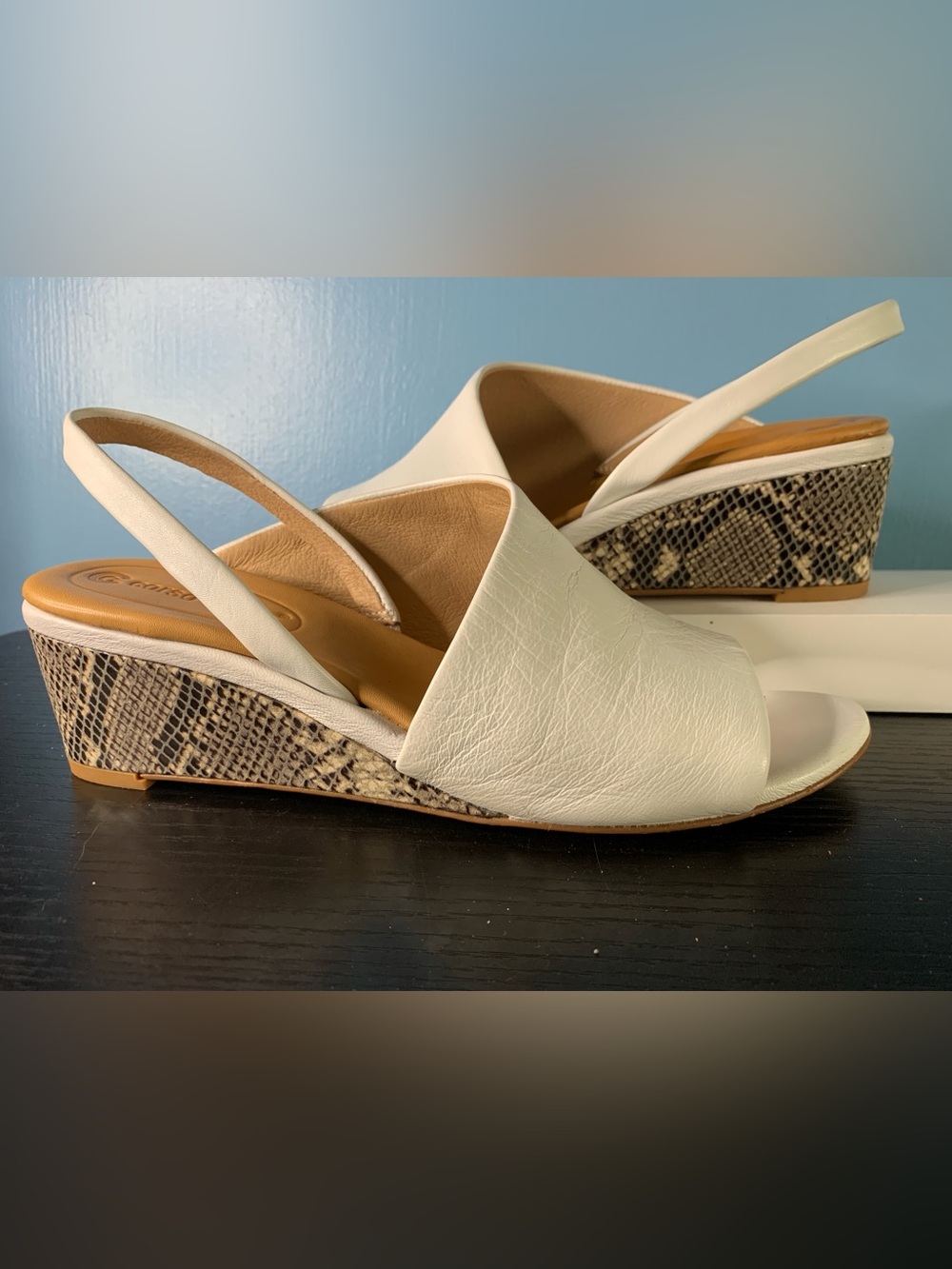 Corso Como White Leather Slingback with Snakeskin-Print Wedge